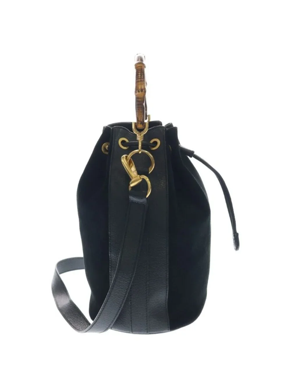 ★SOLD★ Gucci Bamboo 2-Way Shoulder Bag Black Suede Leather 001 Gold - Picture 3 of 6
